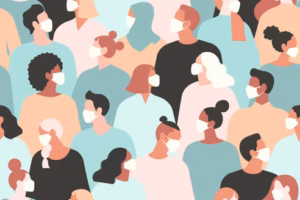 Graphic of a crowd of people wearing masks during covid pandemic